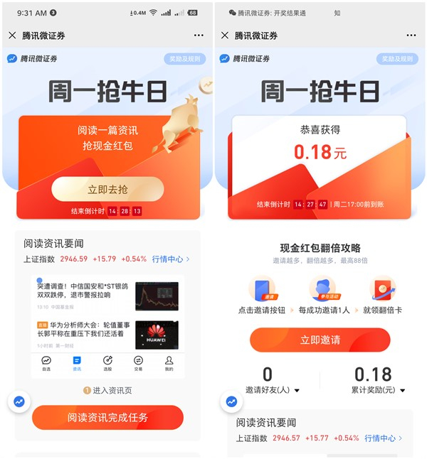 腾讯微证券周一抢牛日抽随机现金红包 好友助力得翻倍现金奖励